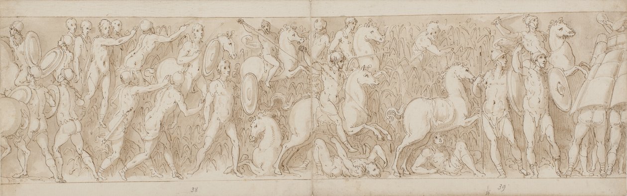 Einde van een gerestaureerd deel van de kolom (XLVII); de Sarmaten worden achtervolgd in het moeras (XLVIII); de Romeinen vallen een Duits (?) fort aan (begin van LIV) door Giovanni Guerra