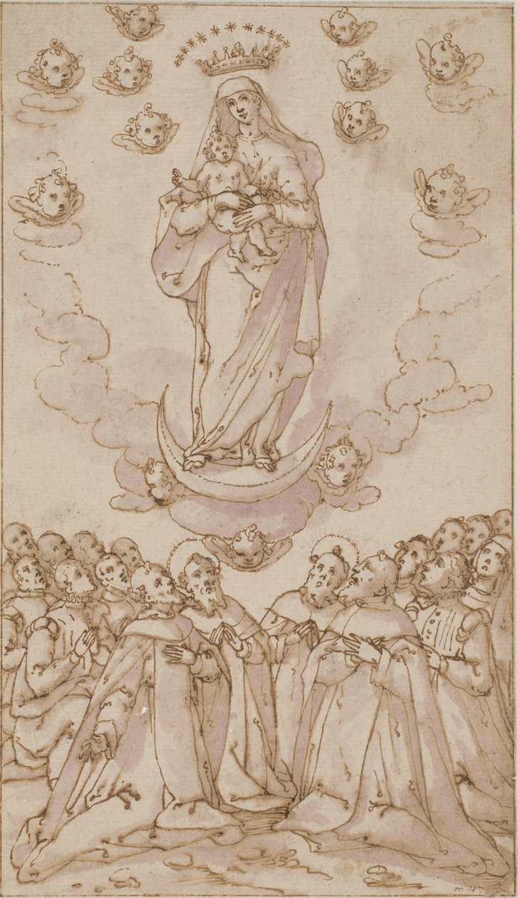 Madonna en Kind op een halve maan verschijnen aan een groep heiligen, priesters en leken door Giovanni Guerra