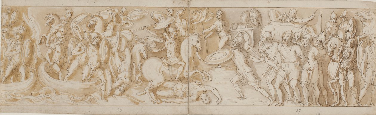 Romeinse soldaten steken een rivier over in boten (grotendeels restauratie; XXXIV)2; een vechtende Romeinse soldaat (van het einde van XXIV); Romeinse bewakers brengen barbaarse gevangenen voor de keizer (weggelaten in de tekening; einde van XXV); begin va door Giovanni Guerra