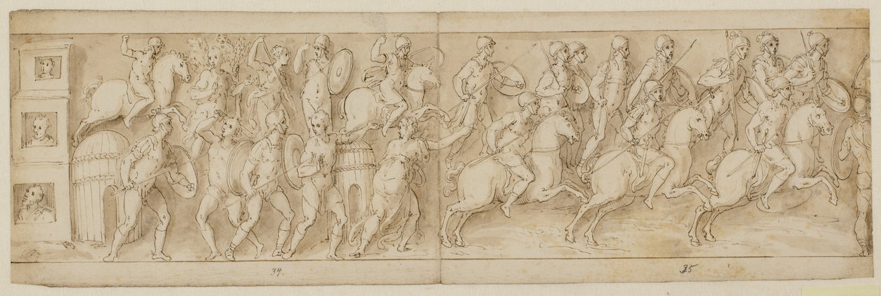 Drie draagstoelen (einde van XLII); de Romeinen vallen de woning van een hoofdman aan (XLIII); de Romeinen marcheren terug naar het kamp (XLIV) door Giovanni Guerra