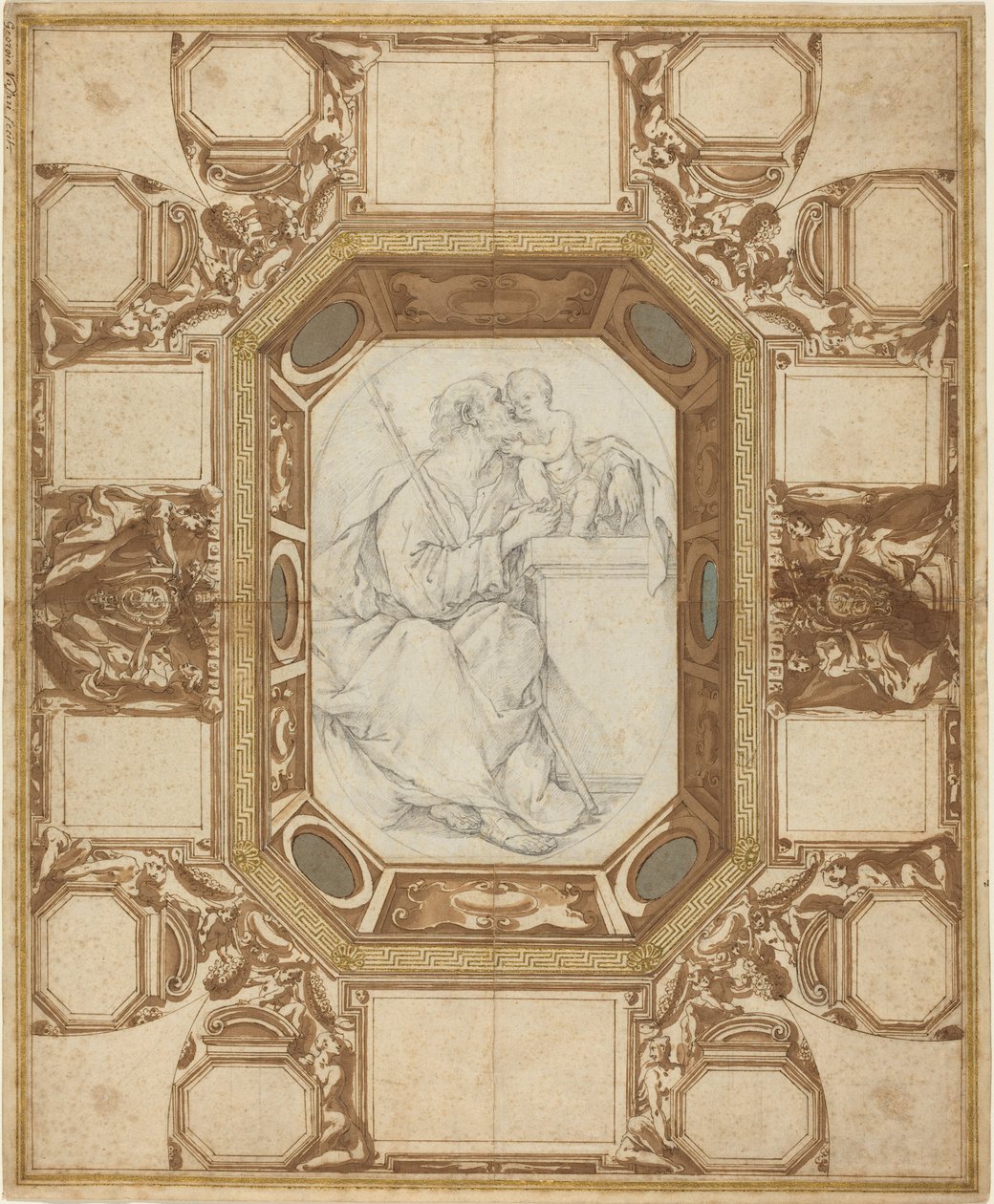 Plafond met Allegorische Figuren en de Wapens van Paus Sixtus V; Sint Jozef en het Christuskind door Giovanni Guerra and Domenico Maria Viani