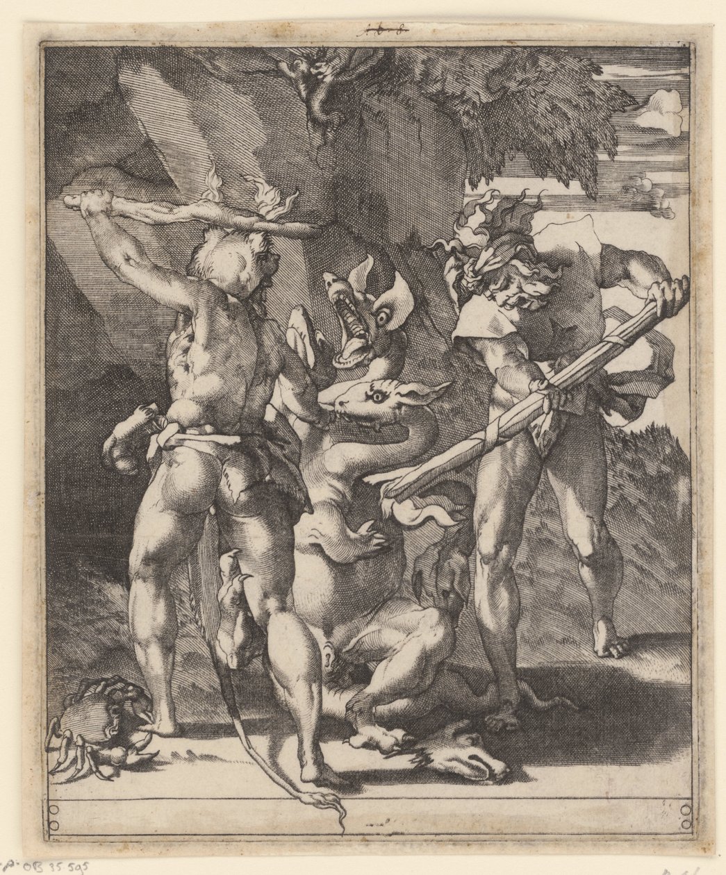 Hercules in gevecht met de hydra van Lerna Scènes met Hercules (serietitel) door Giovanni Jacopo Caraglio