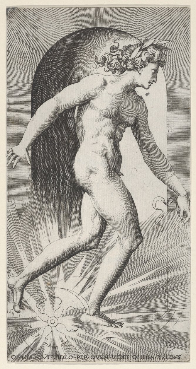 Apollo rijdt zijn wagen in een nis, naar rechts gericht, uit een serie mythologische... door Giovanni Jacopo Caraglio