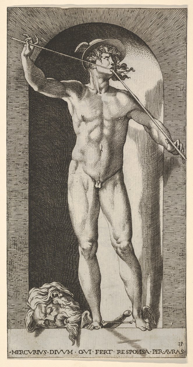 Blad 14: Mercurius staande in een nis spelend op zijn pijpen, met het afgehakte hoofd van een oude man, 1526 door Giovanni Jacopo Caraglio