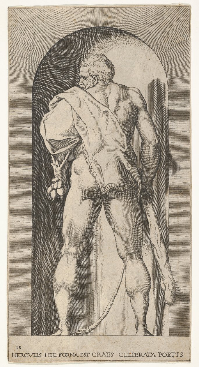 Plaat 15: Hercules staand in een nis, gekleed in een leeuwenhuid en een knots vasthoudend, gezien van... door Giovanni Jacopo Caraglio
