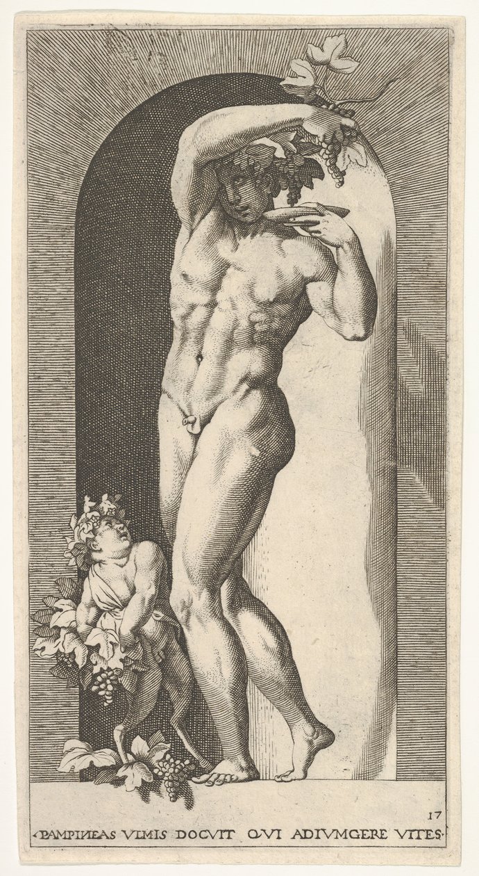 Bacchus staande in een nis, druiven houdend boven een bord, vergezeld door een kind door Giovanni Jacopo Caraglio
