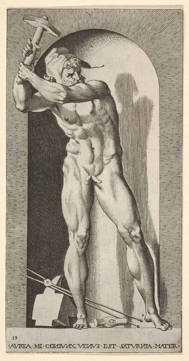 Plaat 19: Vulcanus staande in een nis zwaaiend met een hamer, met een aambeeld, hamer en tangen door Giovanni Jacopo Caraglio