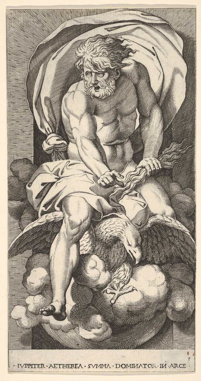Plaat 3: Jupiter die uit een nis tevoorschijn komt, rijdend op een adelaar en een bliksemschicht vasthoudend, 1526 door Giovanni Jacopo Caraglio