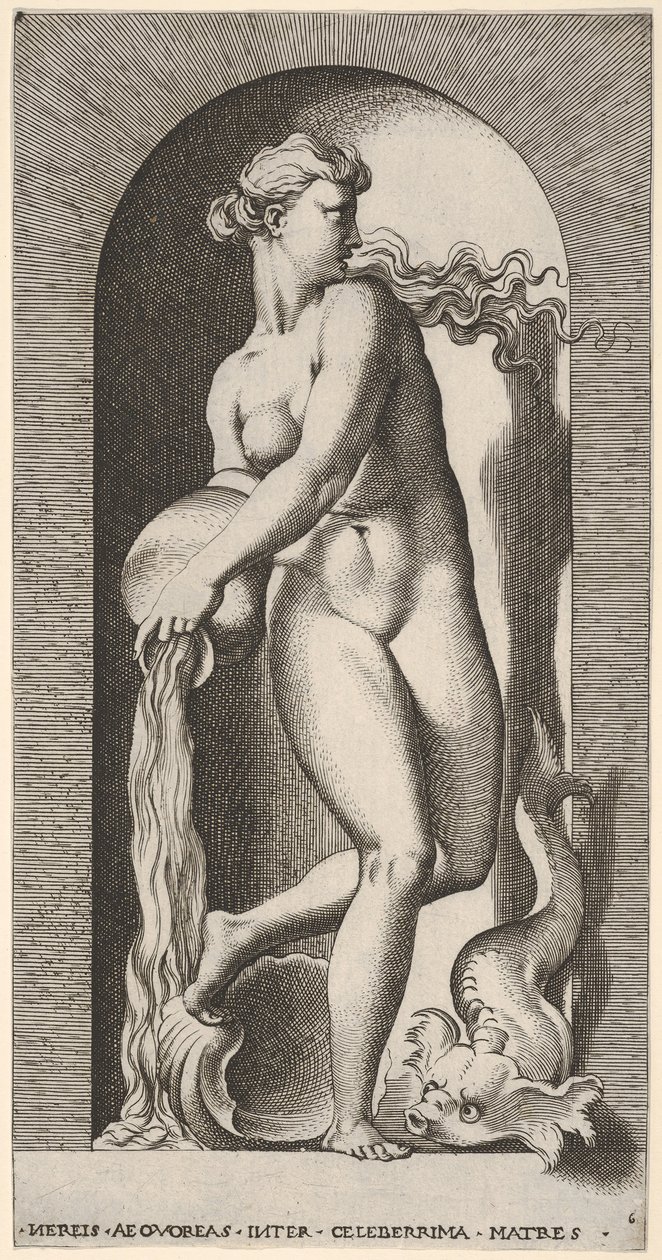 Plaat 6: Thetis staand in een nis met een schelp en zeedier, water uitgietend... door Giovanni Jacopo Caraglio