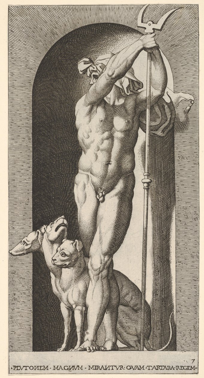 Pluto in een nis, met een tweetand, met Cerberus naast hem, uit een serie van m..., 1526 door Giovanni Jacopo Caraglio