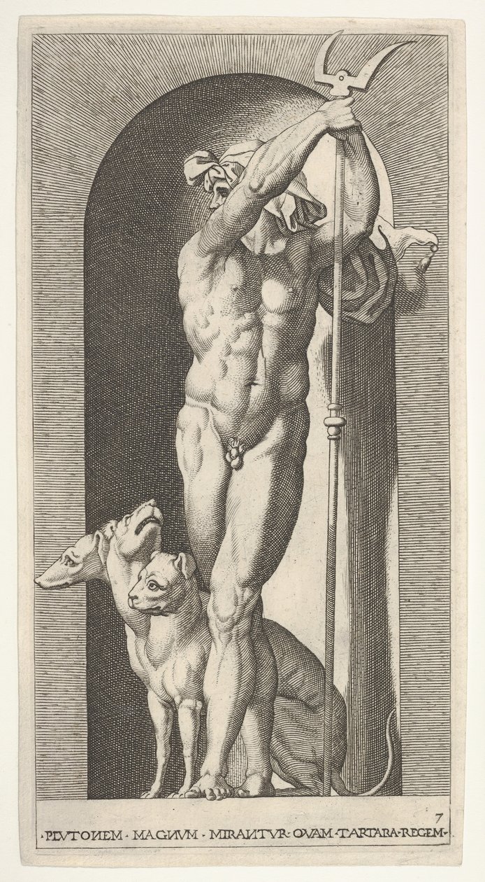 Plaat 7: Pluto in een nis, met een tweetand, met Cerberus naast hem, uit een serie van m..., 1526 door Giovanni Jacopo Caraglio