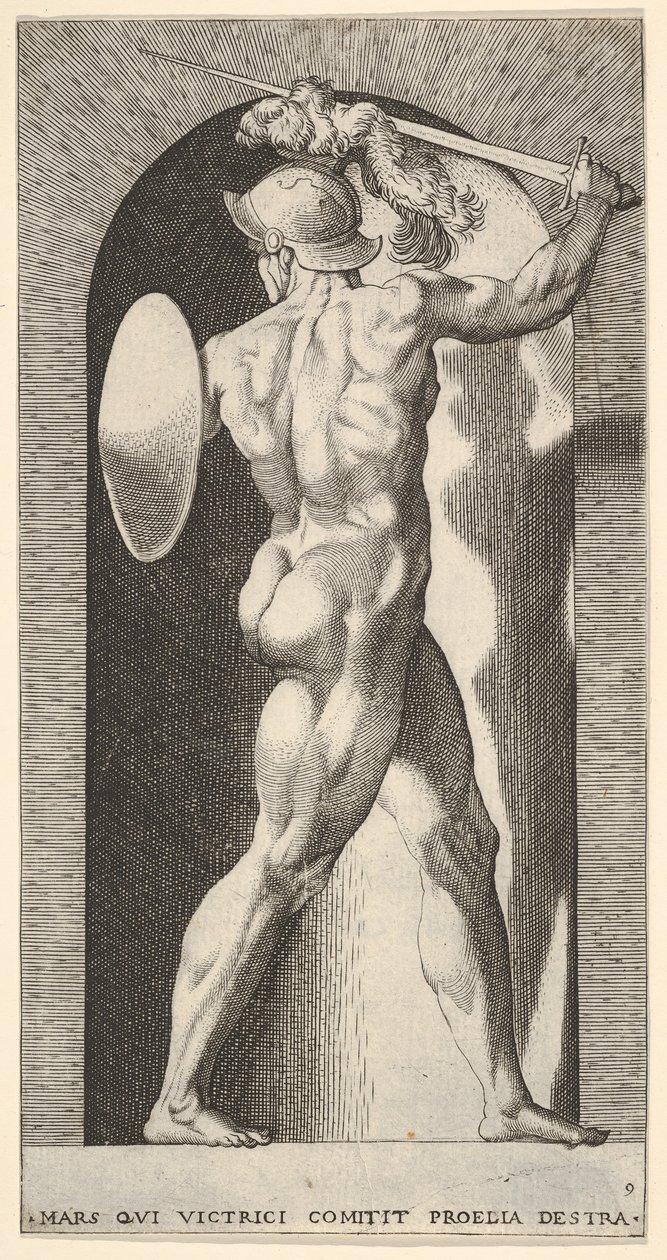 Mars in een nis, een zwaard boven zijn hoofd houdend met zijn rechterarm, en een schild door Giovanni Jacopo Caraglio