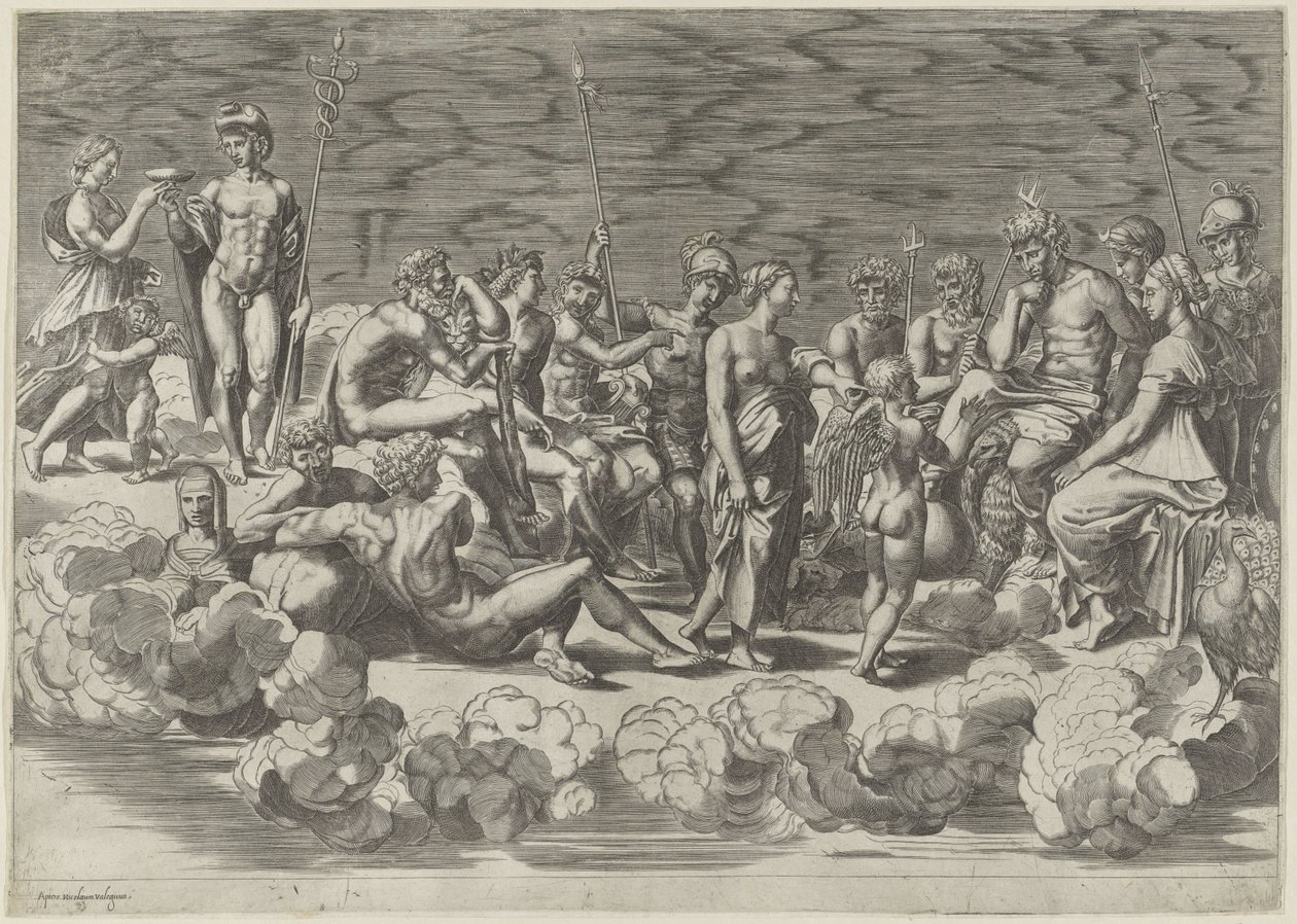 Verzameling der Goden op de Olympus door Giovanni Jacopo Caraglio