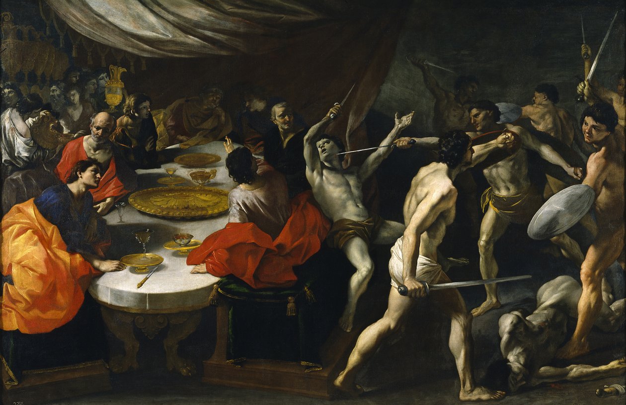 Gladiatorengevechten bij een banket door Giovanni Lanfranco