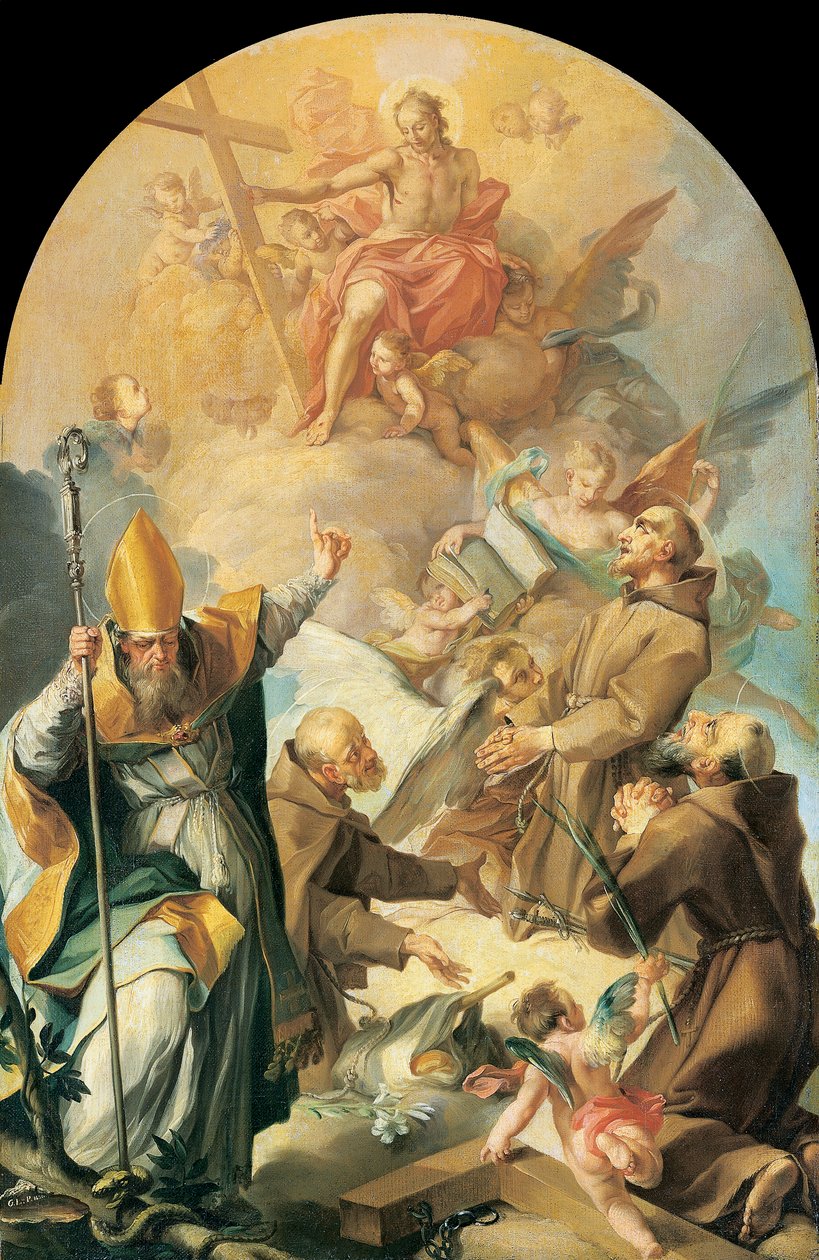 Drie kapucijnerheiligen en een bisschop die Christus en het kruis vereren door Giovanni Lanfranco