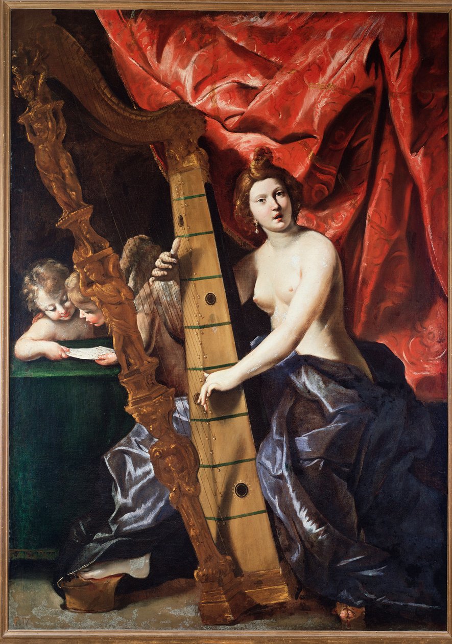 Vrouw muziek spelend op de harp (Allegorie van Muziek) door Giovanni Lanfranco