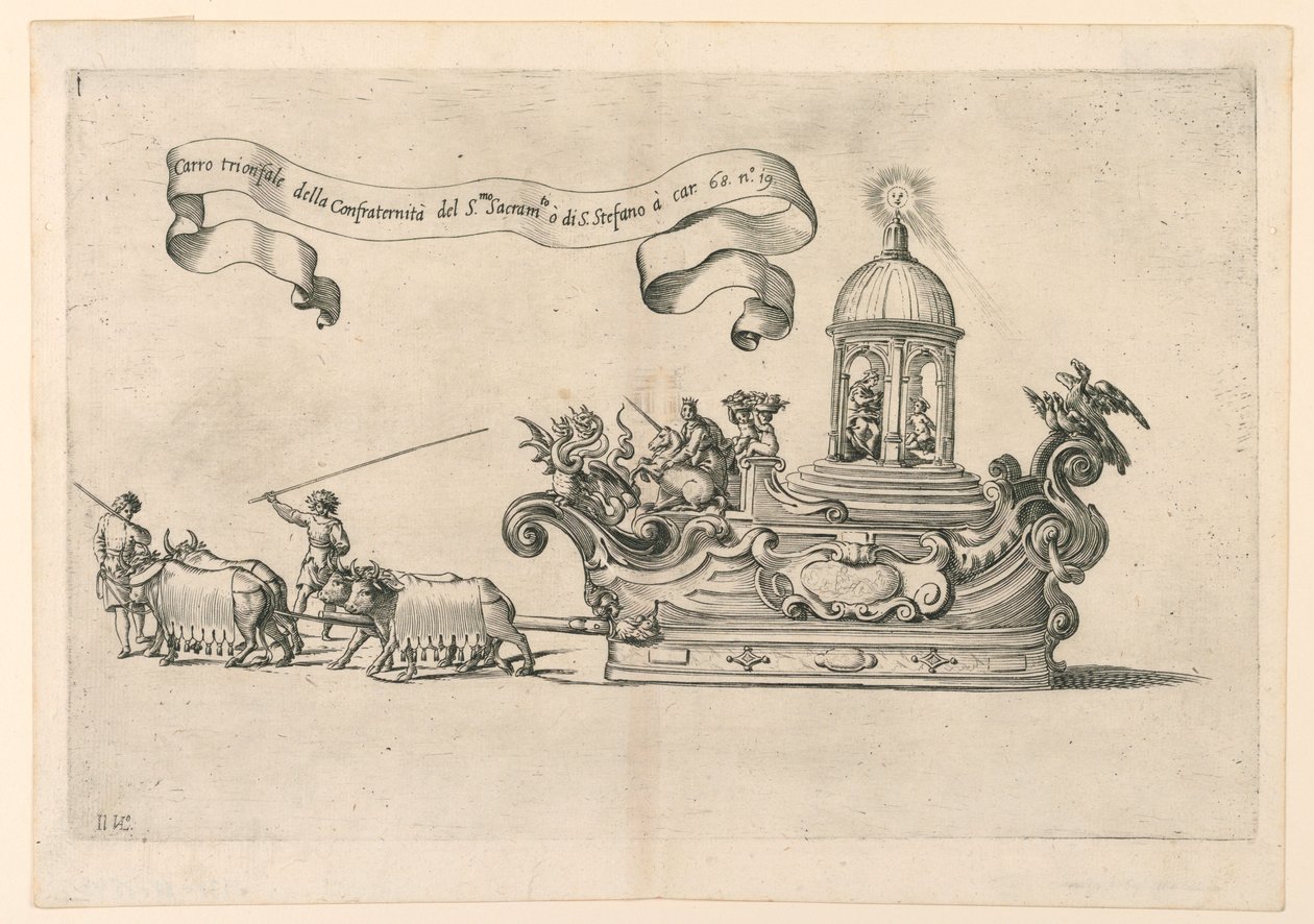 Een Pronkstuk in Reggio, Italië: "Carro trionfale della Confraternità del S.to Sacrame.to di S. Stefano" (De Triomfwagen van de Broederschap van het Heilig Sacrament van St. Stefanus). Plaat 2a uit A. Isacchi, "Relatione di Alfonso Isachi intorno l