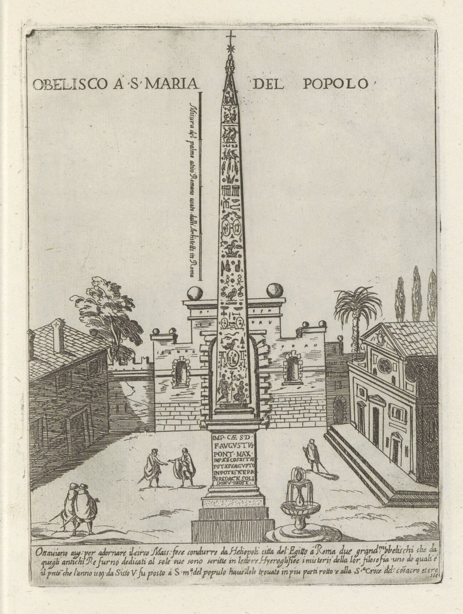De Egyptische obelisk van Ramses II op Piazza del Popolo te Rome door Giovanni Maggi