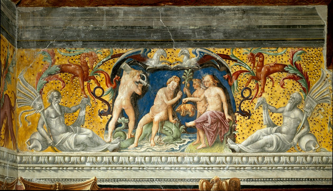 Een mariene godheid wordt een klein everzwijn aangeboden (detail) van een fries toegeschreven aan Giovanni Maria Falconetto, ca. 1520, Mantua, Palazzo d