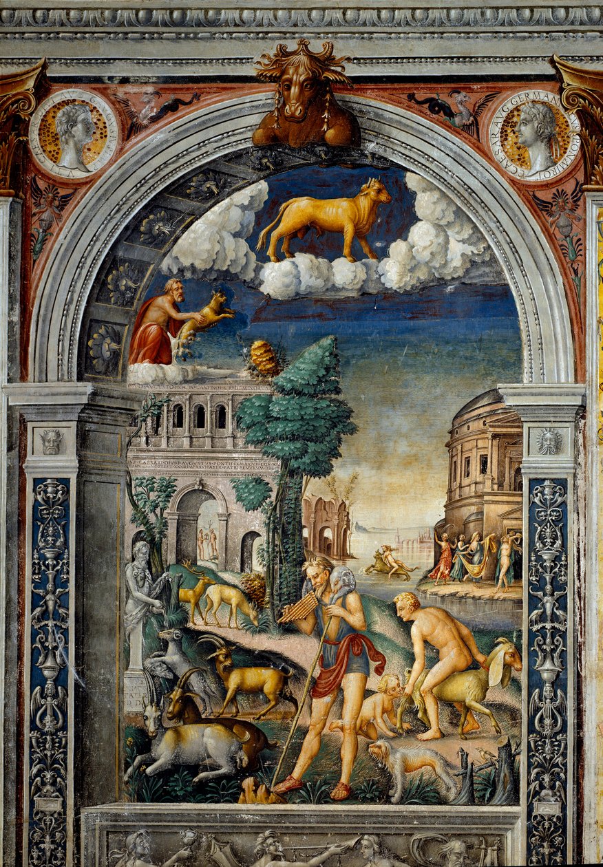 Teken van de dierenriem: “De stier” Boven medaillons met portretten van Tiberius en Caligula. Hieronder, legende geassocieerd met de geboorte van het sterrenbeeld dat overeenkomt met het teken: de god Pan die fluit speelt. Links legt een geit een jong neer door Giovanni Maria Falconetto
