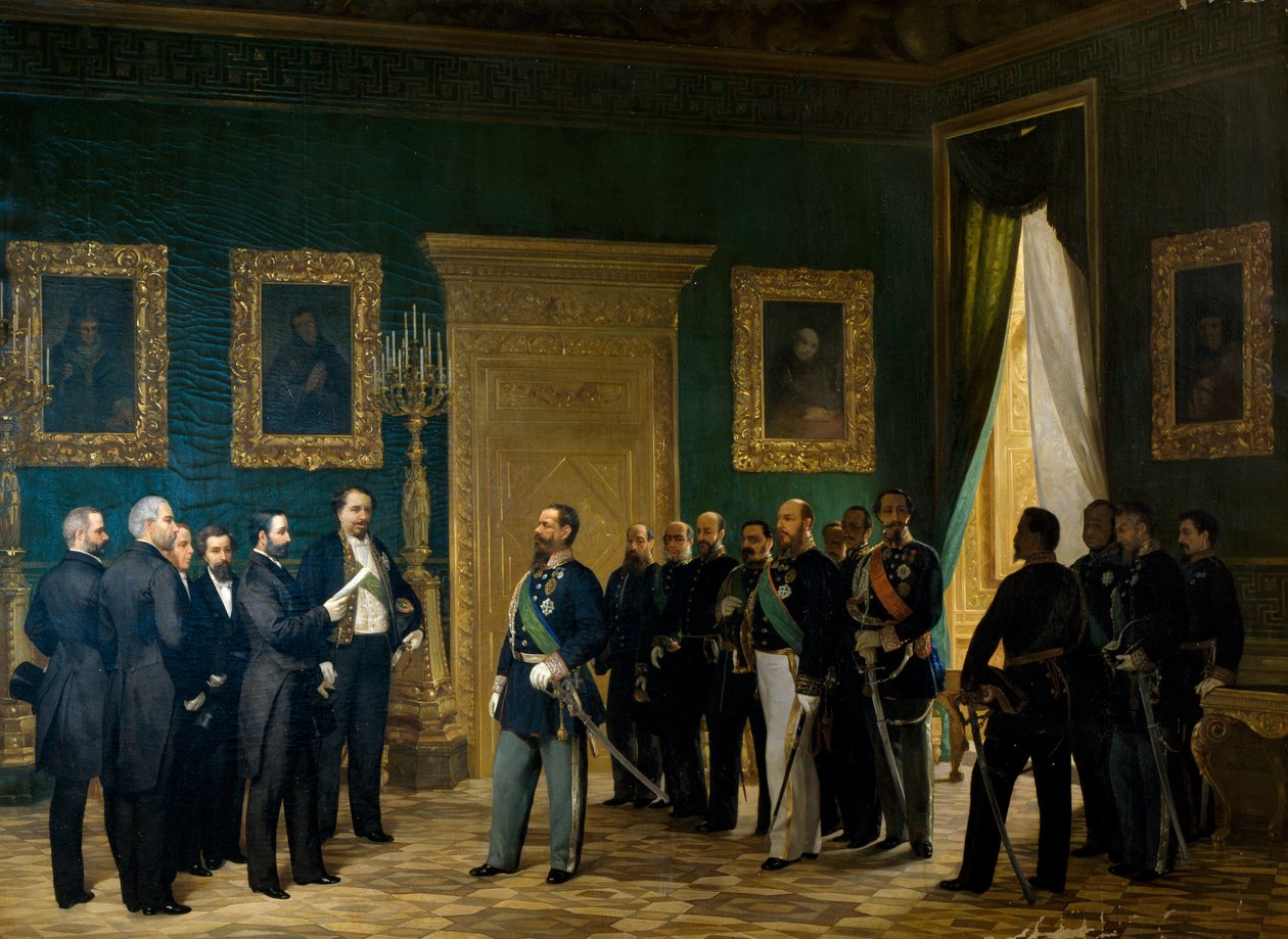 Victor Emmanuel II ontvangt Toscaanse vertegenwoordigers met het decreet van annexatie aan het Koninkrijk Italië door Giovanni Mochi