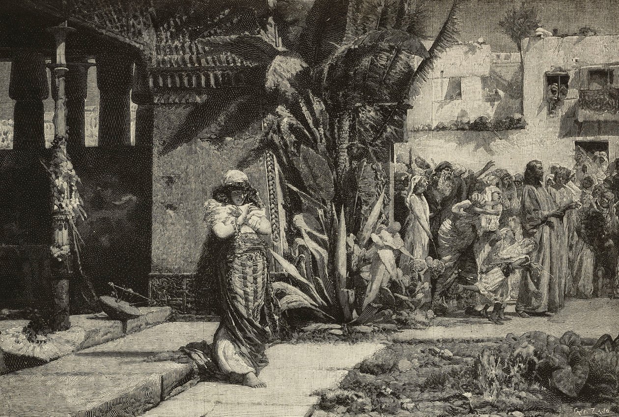 Magdalena, vrouw met tulband en processie in Midden-Oosters dorp, gravure door Cantagalli broers naar schilderij van Giovanni Muzzioli (1854-1894), Modena, Italië uit L