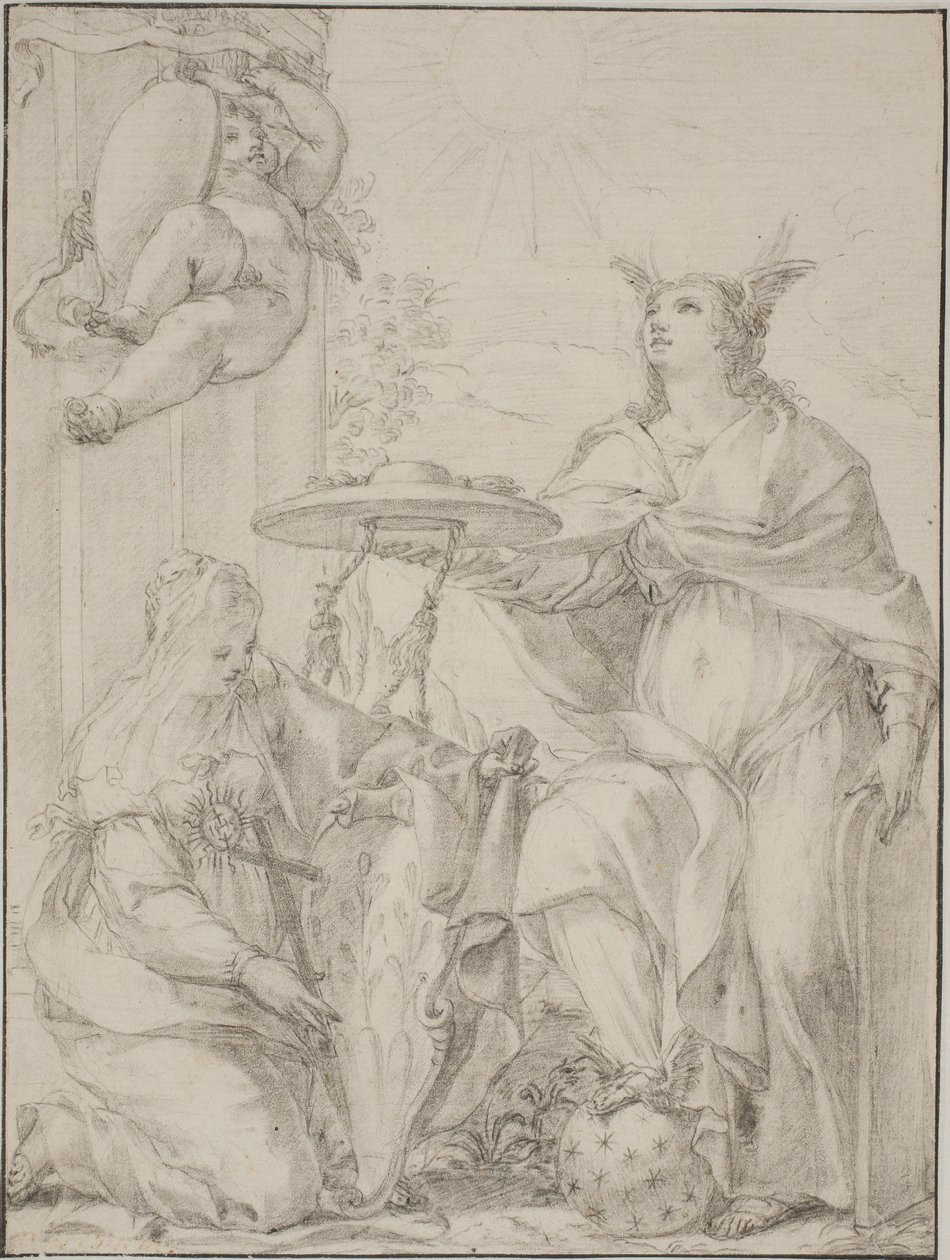 Allegorie met twee vrouwelijke figuren, een die het geloof vertegenwoordigt en een wapenschild vasthoudt door Giovanni Odazzi