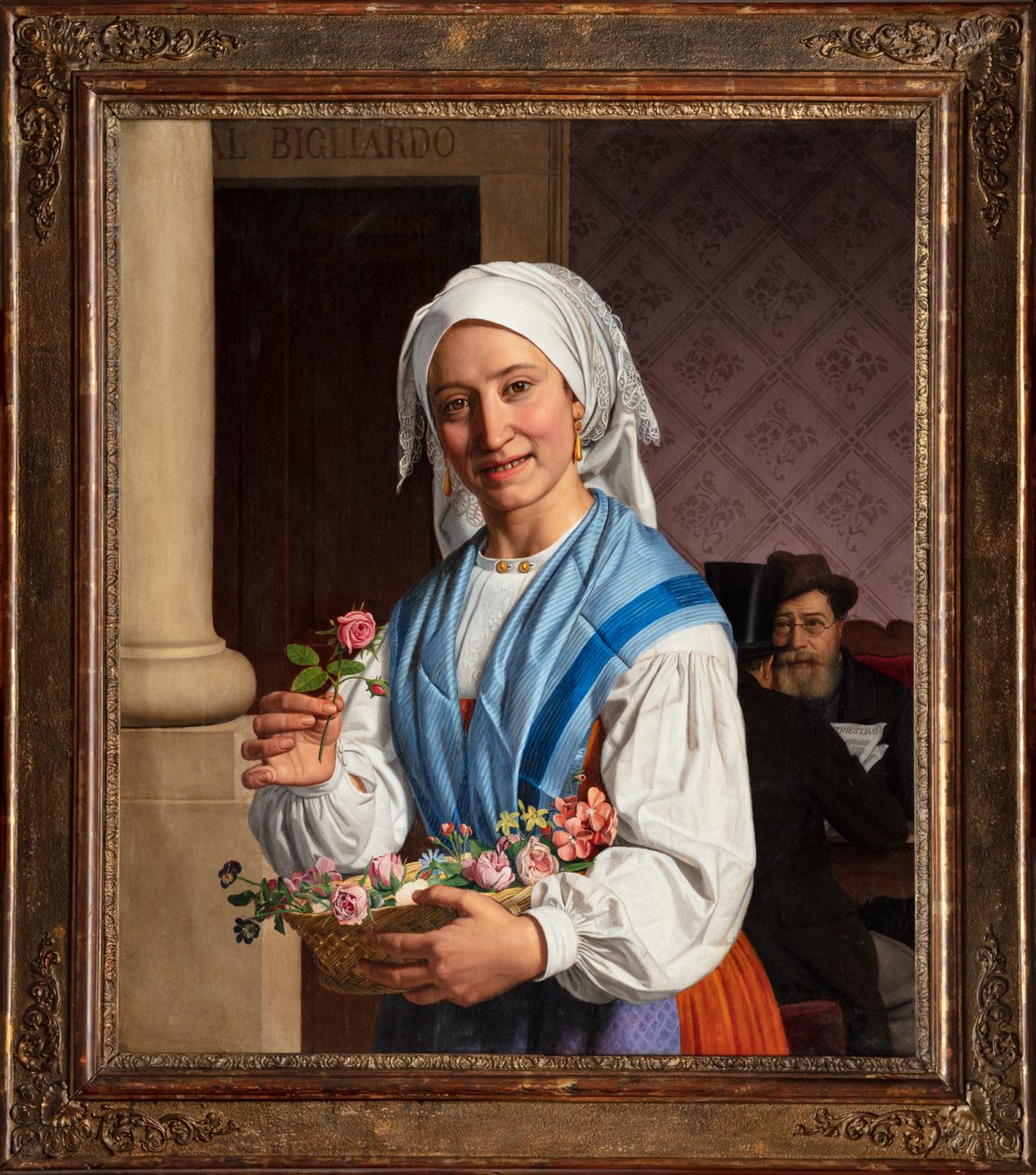 Meisje met een mand, binnen de biljartkamer door Giovanni Pagliarini