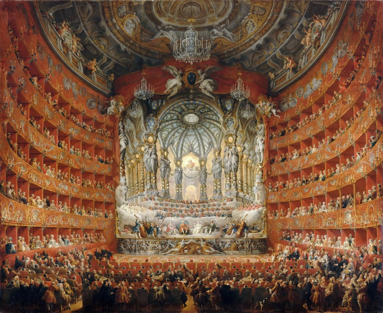 Muzikaal feest gegeven door de kardinaal de La Rochefoucauld in het Teatro Argentina in Rome in 1747 door Giovanni Paolo Pannini
