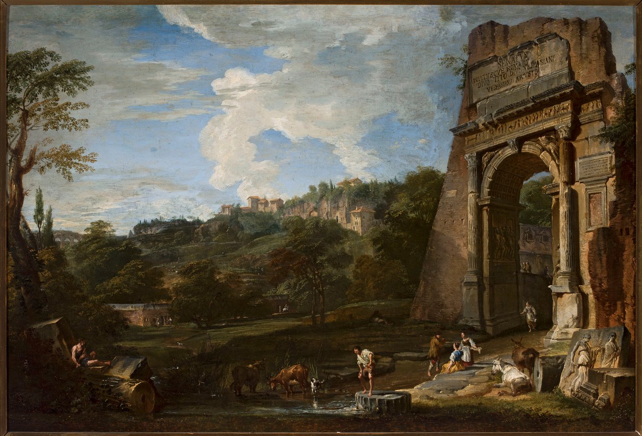 Landschap met de boog van Titus door Giovanni Paolo Pannini