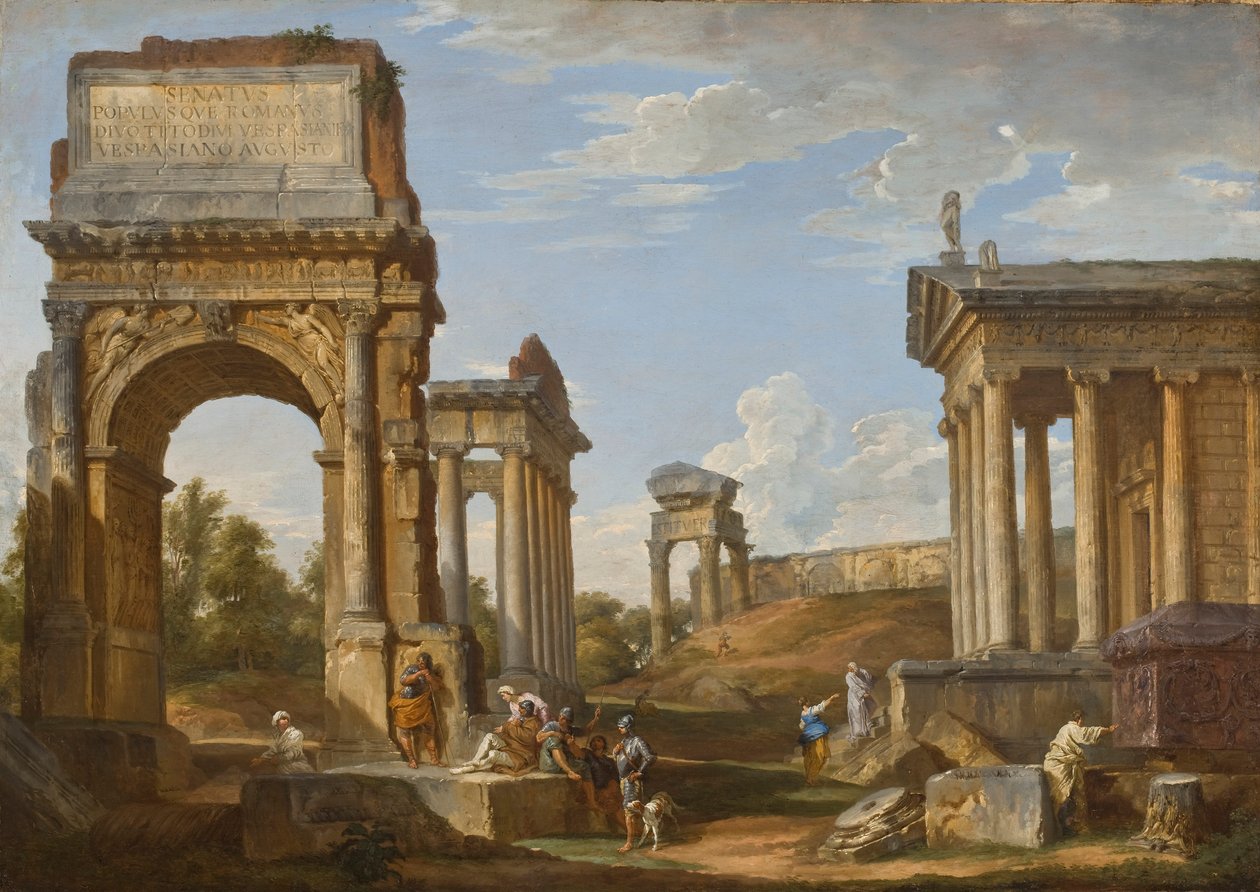 Romeinse ruïnes met de Boog van Titus, 1734 door Giovanni Paolo Pannini