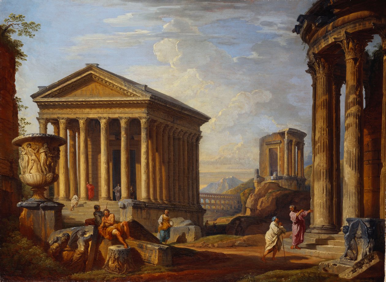 Een capriccio van klassieke ruïnes door Giovanni Paolo Pannini