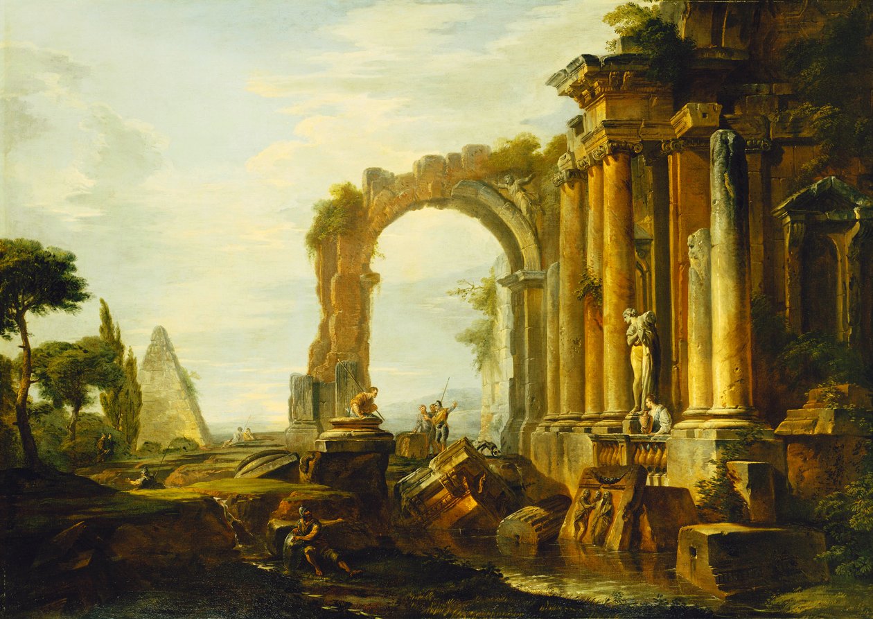 Een Capriccio van Klassieke Ruïnes met de Piramide van Cestius en Figuren in een Landschap door Giovanni Paolo Pannini