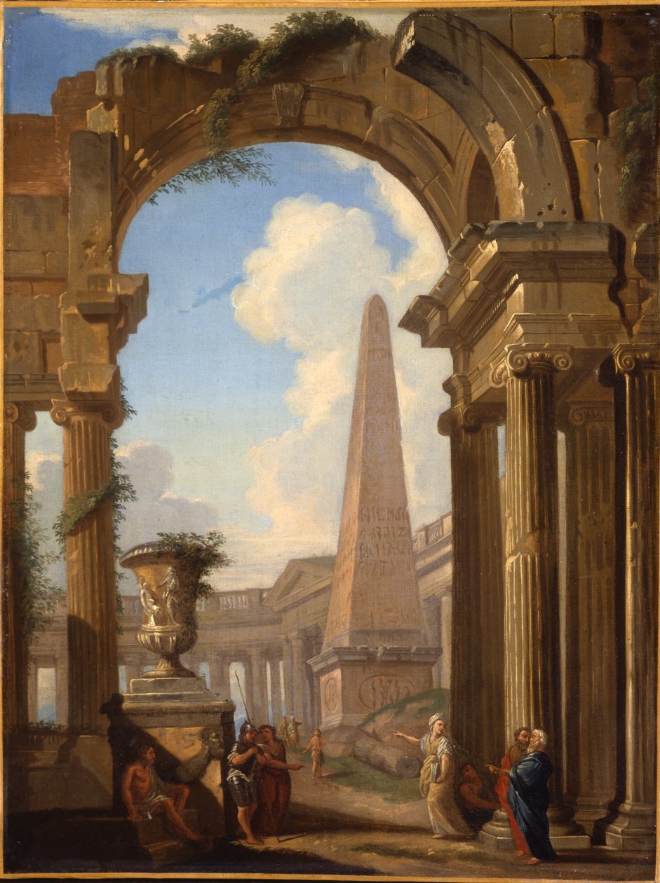 Capriccio van Romeinse ruïnes met figuren door Giovanni Paolo Pannini