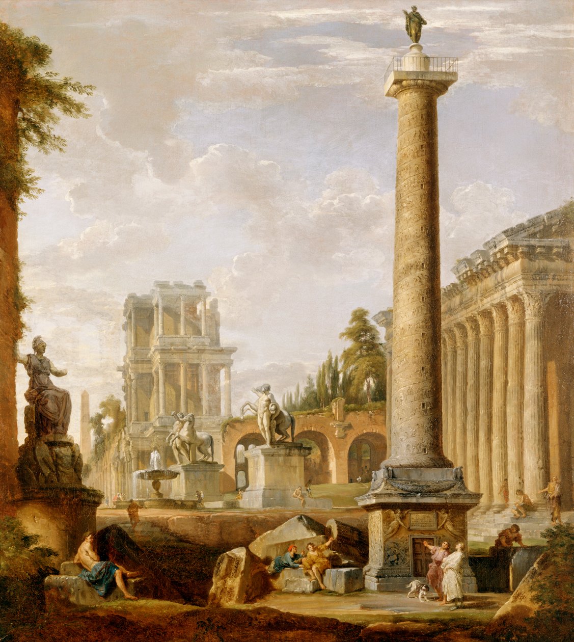 Capriccio van Romeinse ruïnes met de Zuil van Trajanus door Giovanni Paolo Pannini