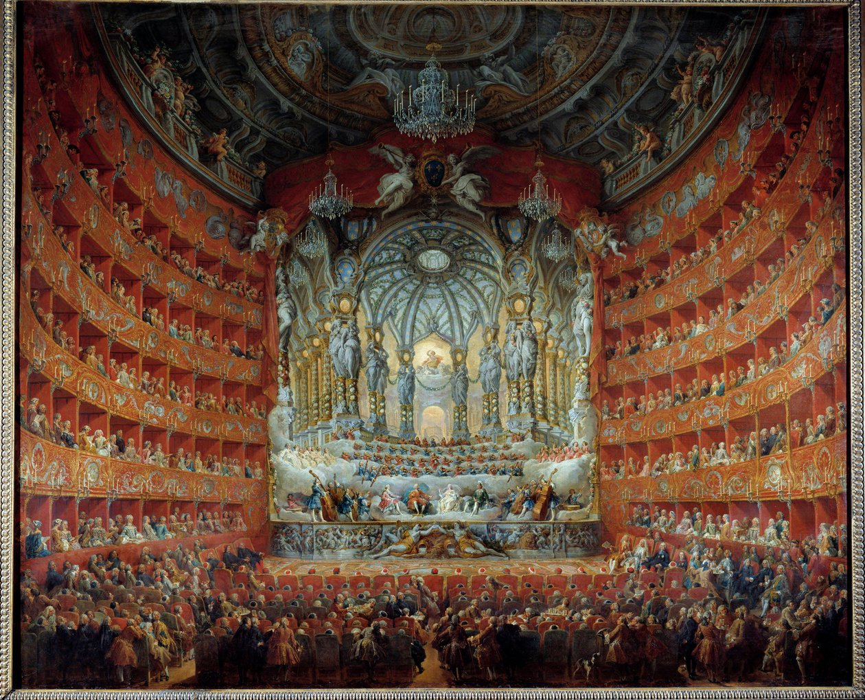 Concert gegeven in het theater Argentina in Rome op 15 juli 1747 ter gelegenheid van het huwelijk van de dauphin Louis de France (1729-1765), zoon van Lodewijk XV, met Marie Josephe van Saksen. Schilderij door Giovanni Paolo Pannini (Panini) (1691-1765) door Giovanni Paolo Pannini