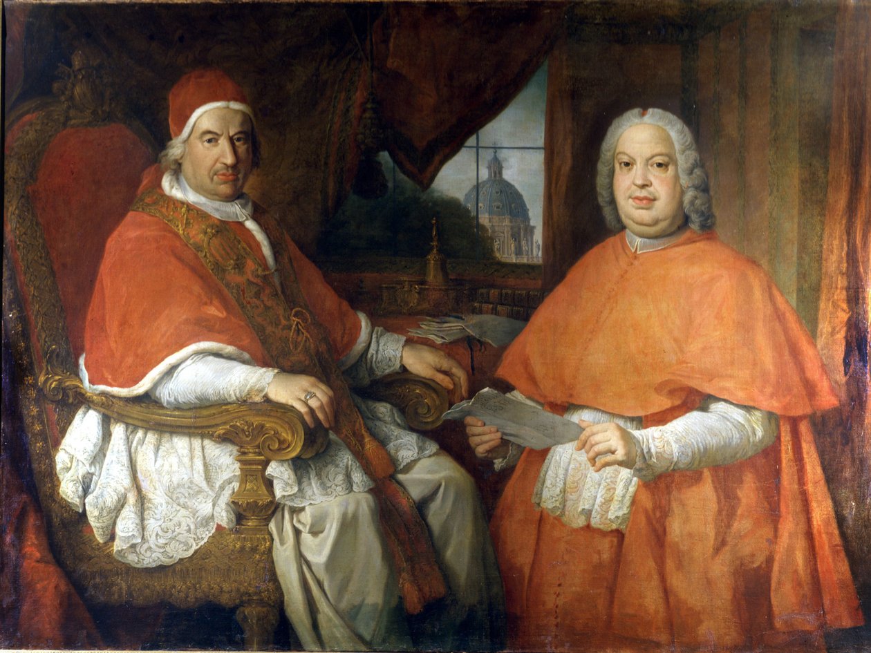 Portretten van paus Benedictus XIV (1675 - 1758) en kardinaal Silvio Valenti Gonzague. Schilderij door Giovanni Paolo Pannini (Panini). 18e eeuw. Museo Nazionale Romano, Rome door Giovanni Paolo Pannini