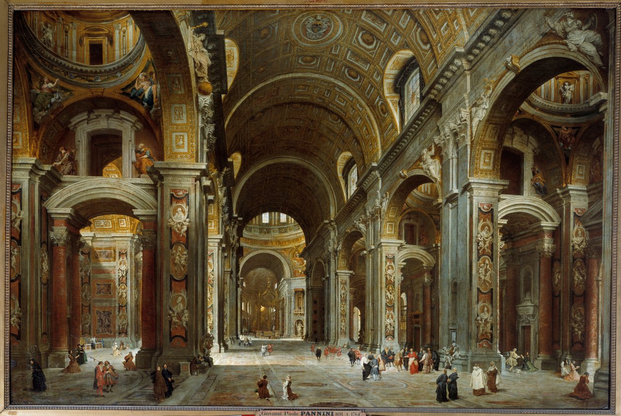 De prelaat, diplomaat en dichter Melchior de Polignac bezoekt de Basiliek van Sint-Pieter in Rome door Giovanni Paolo Pannini