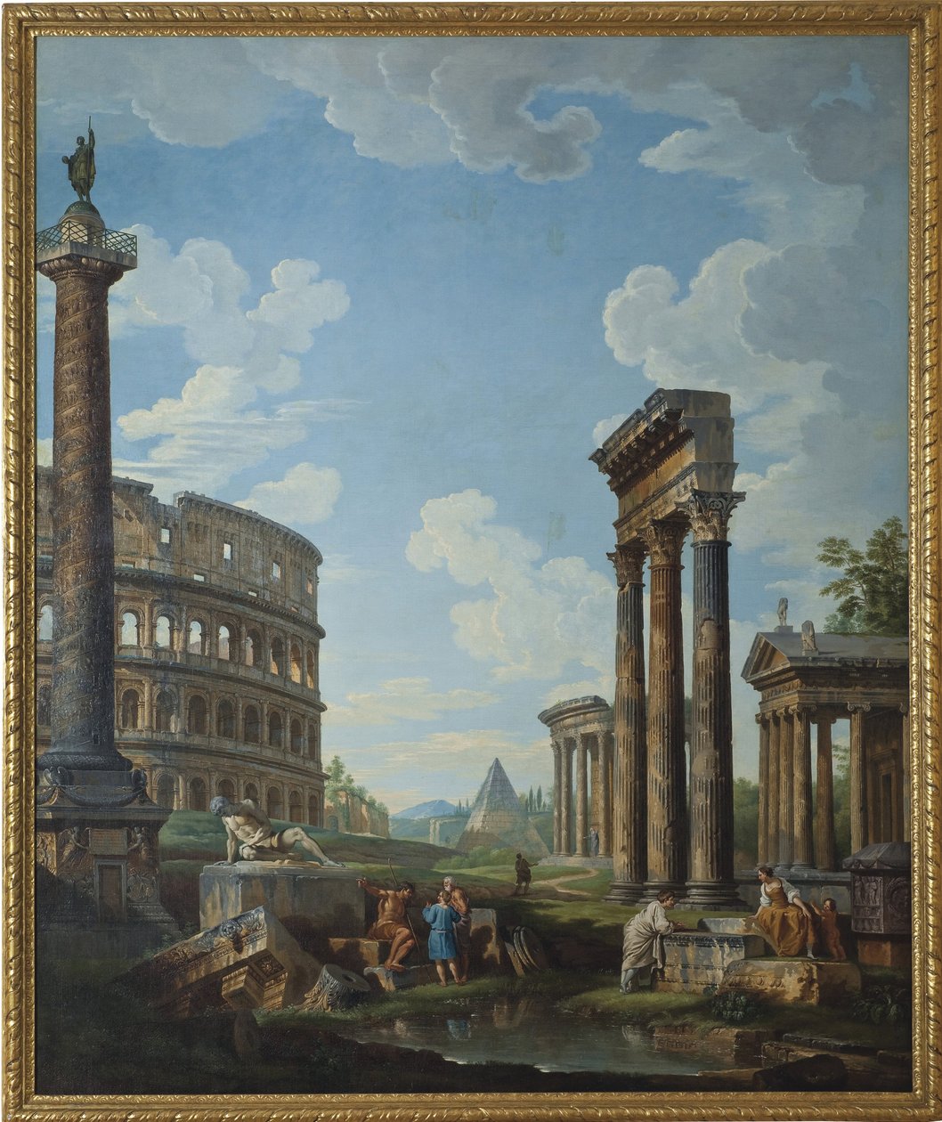 Een capriccio met figuren in Romeinse ruïnes door Giovanni Paolo Pannini
