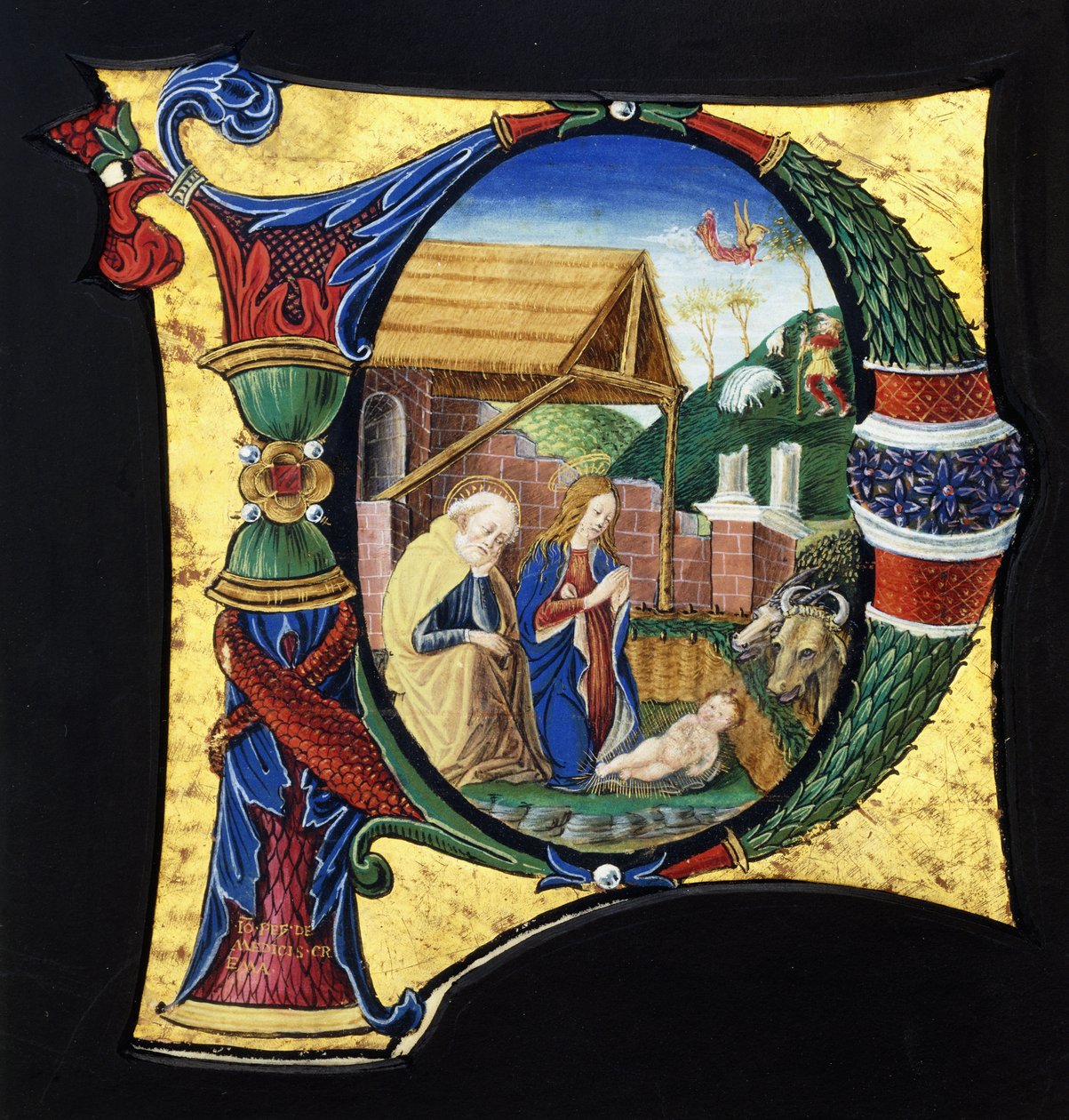 Een grote gehistorieerde initiaal "P", met een Geboortetafereel, c.1490 door Giovanni Pietro Medici Da Crema