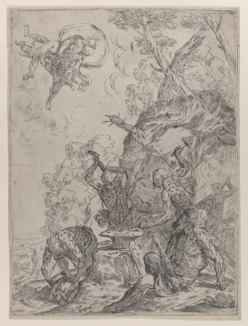 De smidse van Vulcanus met smeden die een aambeeld slaan met hamers..., 1640-59 door Giovanni Pietro Possenti
