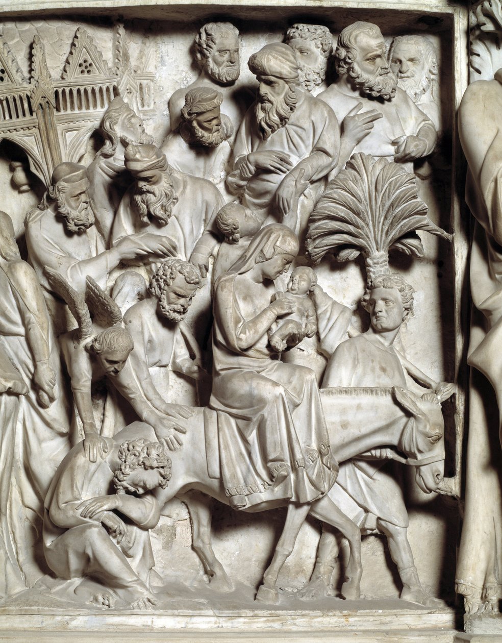 Detail van de reliëfs van de Stoel gemaakt door Giovanni Pisano (1248-1314): Detail van de reliëfs van de marmeren preekstoel, vlucht naar Egypte door Giovanni Pisano