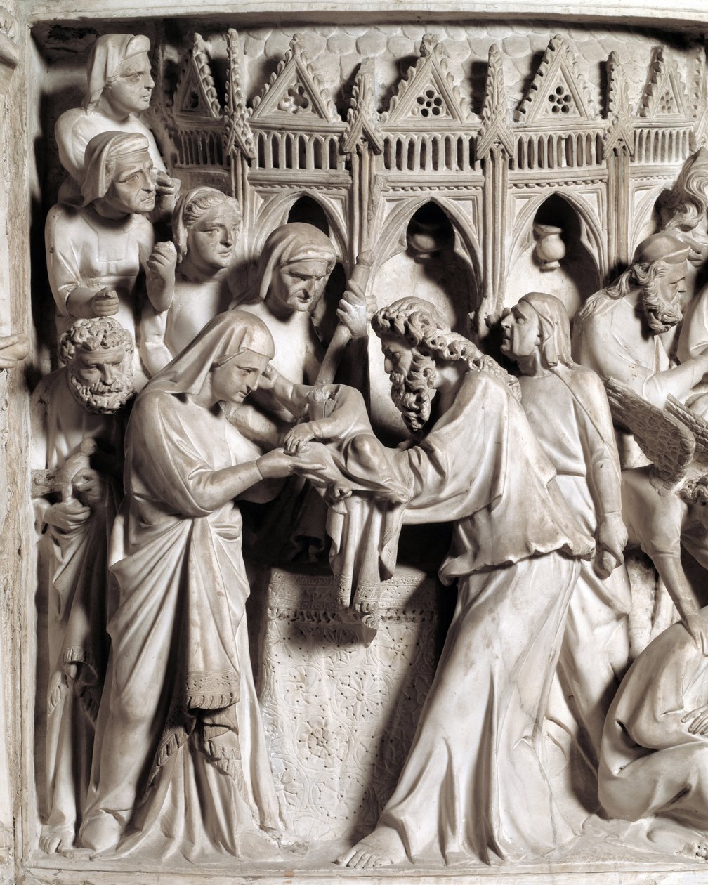 Detail van de reliëfs van de preekstoel gerealiseerd door Giovanni Pisano (1248-1314): de presentatie van Jezus in de tempel (Detail van de reliëfs van de marmeren preekstoel) 1302-1311 Kathedraal van Pisa (Duomo di Pisa), Italië door Giovanni Pisano