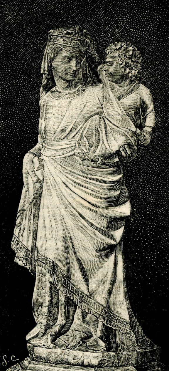 Madonna en Kind, beeldhouwwerk door Giovanni Pisano (ca. 1240-ca. 1320), kathedraal van Prato, Toscane, Italië, houtsnede uit Le cento città d