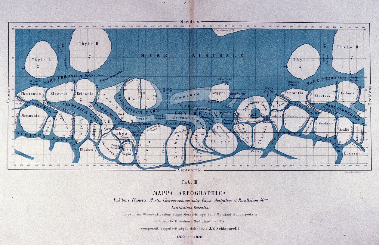 Kaart van de planeet Mars door Giovanni Virginio Schiaparelli (1835-1910) astrofysicus. Hij observeerde rechtlijnige configuraties op de planeet Mars, die hij de Martiaanse kanalen (canali) noemde. 1877-1878 door Giovanni Schiaparelli