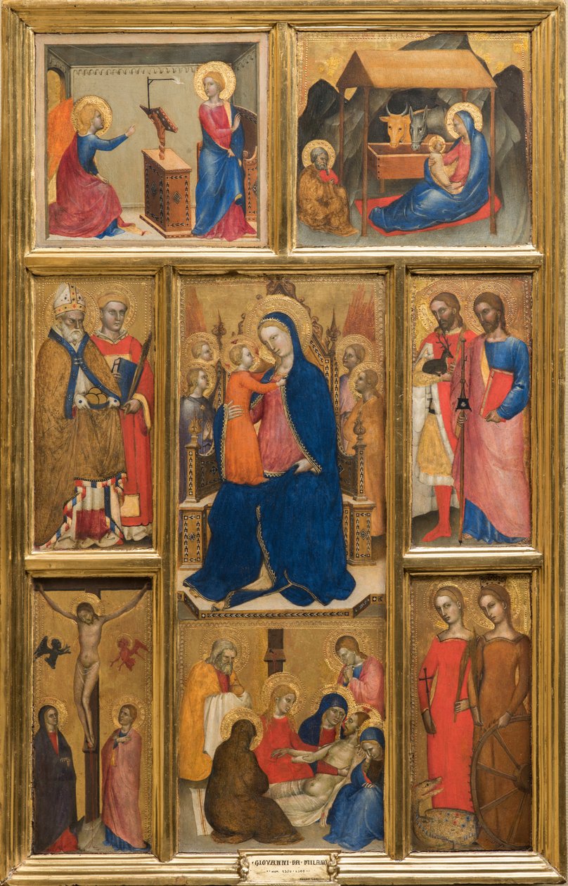 Italiaans:  Polittico con Madonna con Bambino Madonna en kind met heiligen door Giovanni da Milano