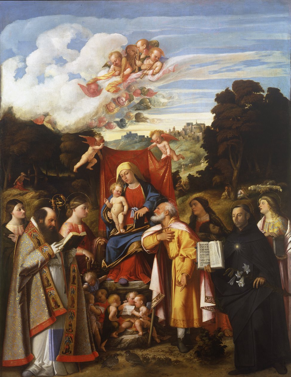 Madonna op de troon met engelen, St. Apollonia, St. Augustinus, St. Catharina, St. Jozef, St. Grata, St. Philip Benizzi en St. Barbara (St. Gotthard Altaarstuk) door Giovanni de Busi Cariani