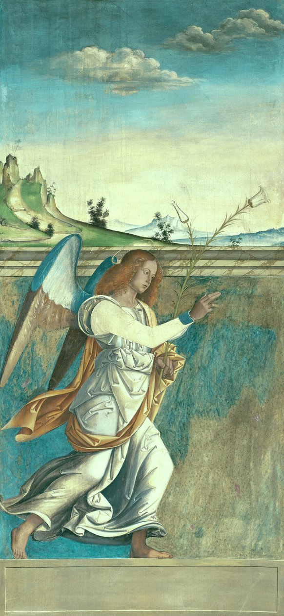 Aartsengel Gabriël, annunciatiepaneel oorspronkelijk een van de buitenluiken van het orgel in San Bartolomeo, Vicenza door Giovanni de