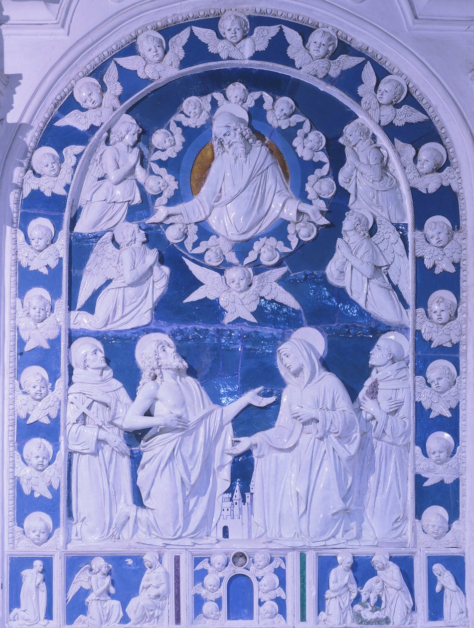 De Madonna tussen de heiligen Franciscus, Dominicus en Bernardus, Kerk van San Francesco in Foiano della Chiana, Toscane door Giovanni della Robbia