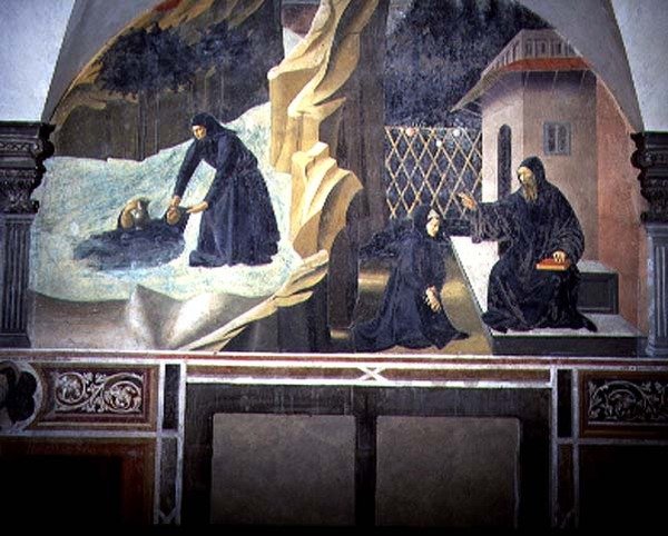 St. Benedictus stuurt Mauro om de verdrinkende Placidus uit het meer te redden (detail) door Giovanni di Consalvo (attr. to)